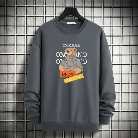 灰色卫衣男士春秋款加绒加厚套头上衣服宽松潮流小熊圆领长袖t恤商品大图