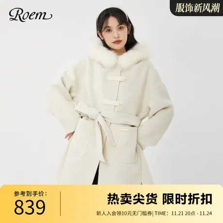 Roem秋冬商场同款连帽毛领复古斗篷型含绵羊毛显瘦毛呢外套女图片