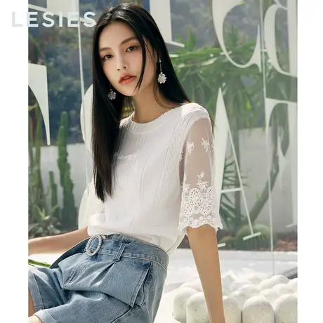 蓝色倾情 春秋新款女装 线下专柜商场同款白色蕾丝冰丝短袖针织衫图片