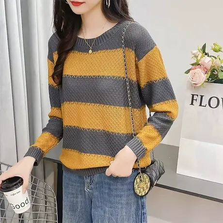 早秋打底针织衫女薄款2023年洋气美拉德穿搭条纹宽松长袖针织上衣商品大图