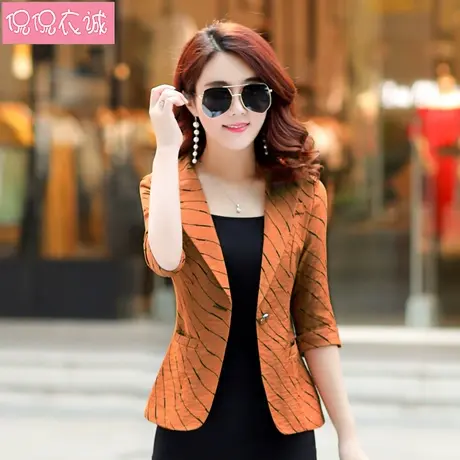 条纹七分袖小西装女短款外套2025春季韩版修身小个子西服薄款上衣商品大图