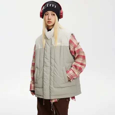 潮牌拼色立领棉服女冬季加厚外套2023新款复古外穿棉马甲宽松棉衣商品大图