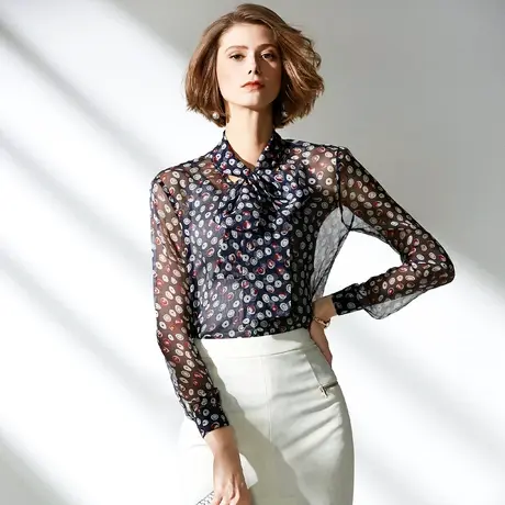 颈袖添香2023新款时尚修身桑蚕丝雪纺衫衬衣女式印花真丝衬衫图片