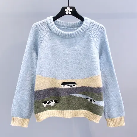 日系撞色卡通提花毛衣女秋冬2023新款宽松设计感小众减龄针织上衣商品大图