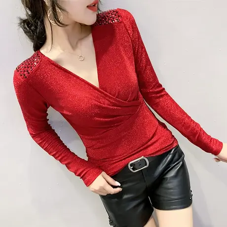 性感深V领名媛气质春装时尚烫钻T恤女长袖洋气网纱上衣百搭打底衫商品大图