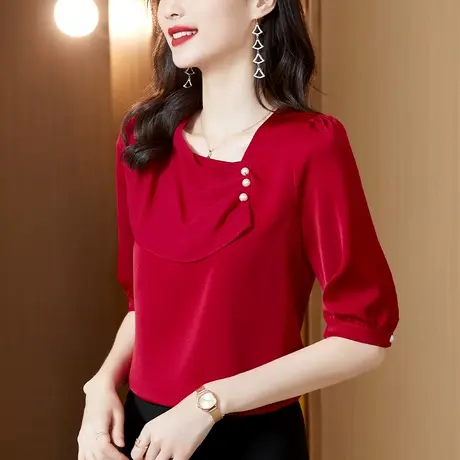 大码衬衫女宽松时尚女2023新款春夏轻熟别致衬衣洋气雪纺短袖上衣图片