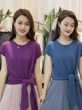 设计感绑带修身纯色短袖T恤女2023年夏季新款时尚圆领落肩小衫潮商品大图