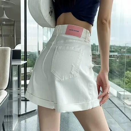 白色卷边高腰牛仔短裤女夏季薄款遮胯显瘦宽松a字百搭阔腿热裤潮商品大图