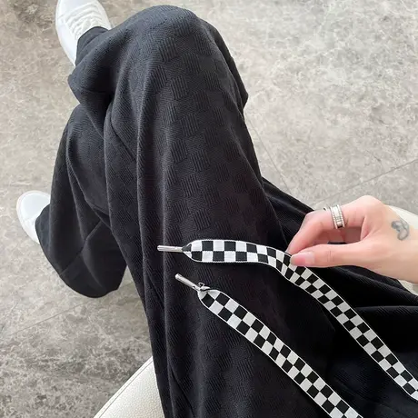 黑色针织阔腿裤女春秋新款高腰宽松显瘦休闲垂感棋盘格直筒长裤子商品大图