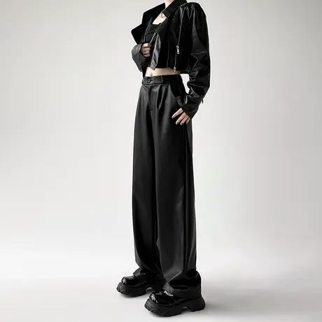 黑色pu皮西装裤女2023新款秋冬季哑光皮裤高腰显瘦休闲宽松阔腿裤图片