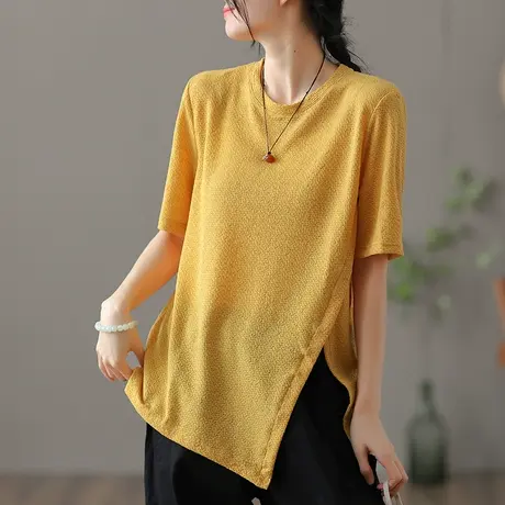 dza复古薄款不规则短袖t恤女士夏季开叉体恤宽松打底衫短款上衣女商品大图