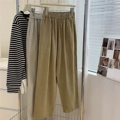 日系复古水洗棉麻阔腿哈伦裤女宽松显瘦百搭春秋卡其色直筒休闲裤商品大图