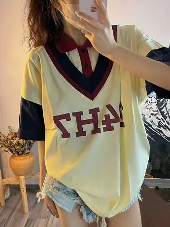 日系polo衫正肩短袖t恤女夏季宽松半袖设计感小众chic港味上衣服商品大图