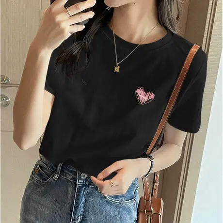 2023夏季新款纯棉短袖t恤女士基础款宽松百搭体恤黑色打底衫上衣图片