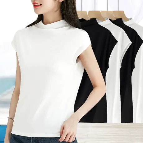 白色连肩包袖小高领上衣薄款棉质净版百搭夏季外穿新款棉质体恤女商品大图