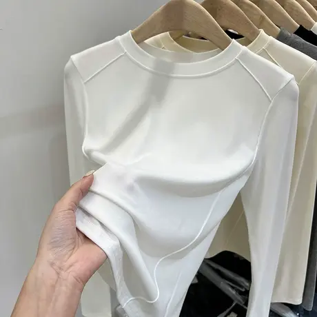 欧货白色长袖t恤女春装2023新款独特别致鱼骨上衣修身打底衫女潮商品大图