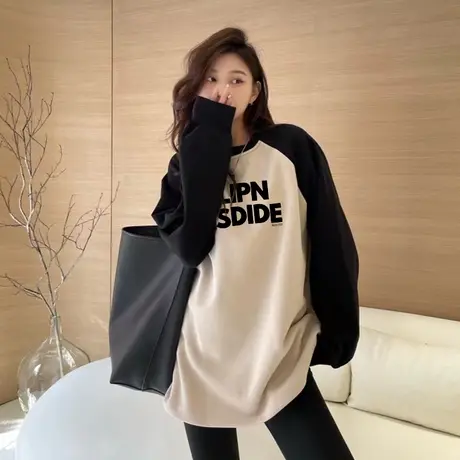 美式复古卫衣女插肩袖设计感宽松大码春季薄款上衣小众ins潮洋气商品大图