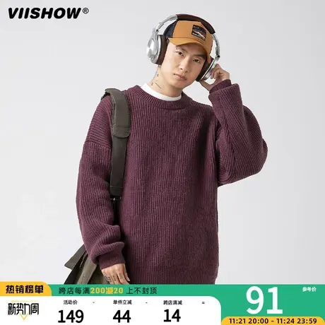 VIISHOW复古圆领毛衣男秋冬季新款潮牌宽松慵懒感休闲打底针织衫商品大图