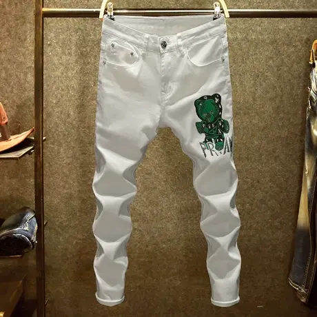 2024年新款白色牛仔裤男士修身小脚裤高级感烫钻白裤子男休闲百搭商品大图