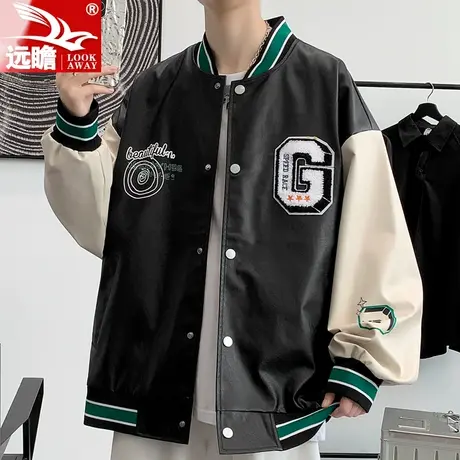 棒球领皮衣男款2023秋季新款潮牌宽松夹克男生休闲上衣服男士外套商品大图