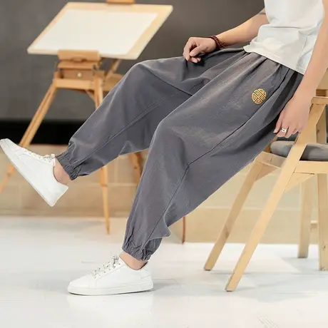 灯笼裤男亚麻九分裤夏季宽松潮牌刺绣束脚萝卜运动裤棉麻休闲长裤商品大图