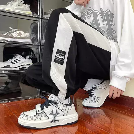 潮牌百搭加绒卫裤男生秋季高街条纹裤子宽松束脚运动男款休闲长裤商品大图