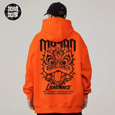 潮牌大码男装加肥加大国潮醒狮连帽加绒加厚卫衣男士外套春秋新款商品大图