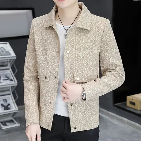 春夏薄款男士外套青年翻领夹克上衣男装休闲修身潮流痞帅暗花夹克商品大图