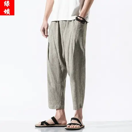 九分裤男士宽松休闲裤中国风亚麻裤男大码青年哈伦直筒棉麻裤子薄商品大图
