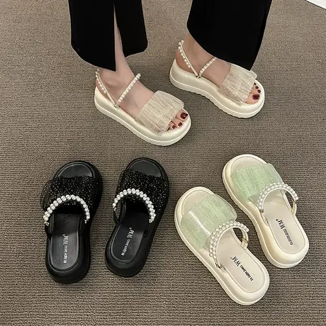 一鞋两穿甜美厚底松糕凉拖鞋女2024夏季新款温柔网纱透气珍珠凉鞋商品大图