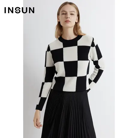 [欧普艺术]INSUN恩裳春秋季棋盘格防风保暖羊毛针织衫商品大图