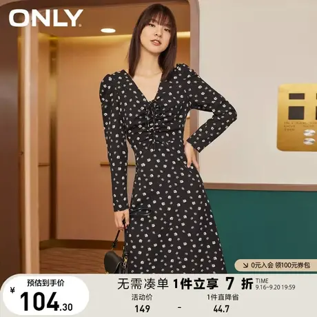 ONLY奥莱夏季A字V领高腰修身田园泡泡袖中长连衣裙女图片