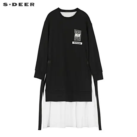 sdeer 圣迪奥圆领字母印胶飘带撞色拼接落肩袖连衣裙S18481267图片