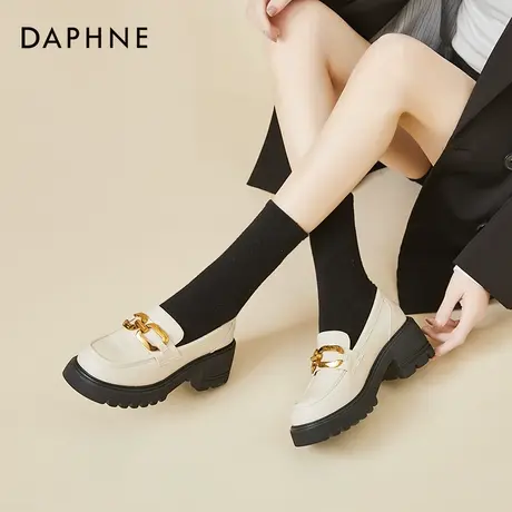 达芙妮英伦风小皮鞋女春秋2022年夏季新款厚底法式中跟米色乐福鞋图片