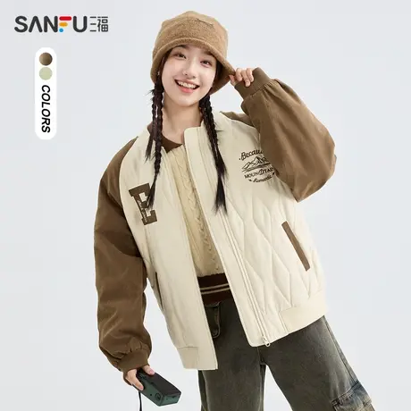 三福棉衣2023冬撞色插肩字母绣花夹棉棒球服外套女装479271商品大图