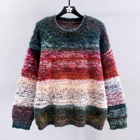 渐变彩虹条纹毛衣女冬季2023新款慵懒风宽松加厚设计感针织衫上衣图片