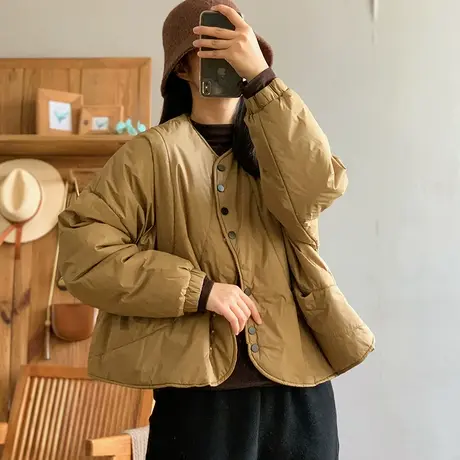 dza 复古宽松V领纽扣棉服外套女冬加厚外穿棉衣休闲短款棉袄上衣商品大图