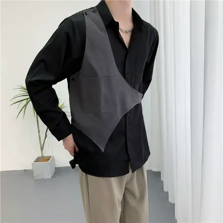 秋季衬衫长袖宽松拼接潮流帅气休闲不规则设计假两件上衣夜店衬衣商品大图