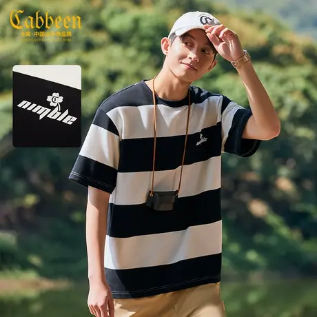 卡宾男装潮流条纹T恤2023春夏新款字母花卉印花短袖宽松无性别H图片