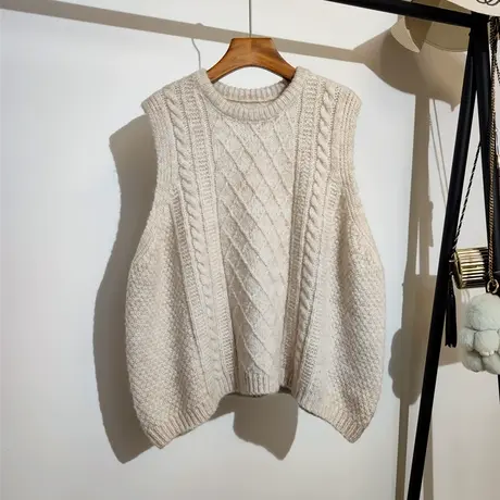 麻花毛衣马甲背心女秋冬新款圆领宽松慵懒风无袖坎肩针织上衣外穿图片