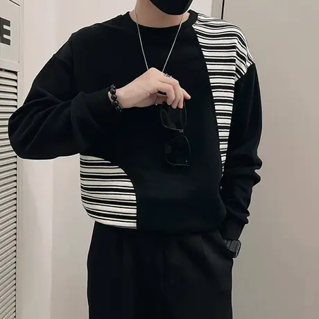 条纹拼接设计感卫衣男圆领套头2023秋季韩版重磅宽松小众长袖t恤商品大图