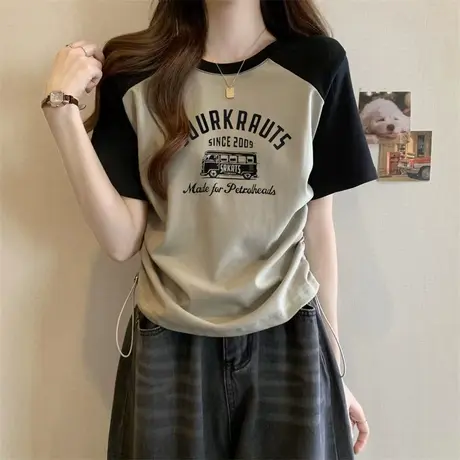 大码女装时尚撞色拼接短袖上衣女2023夏季新款设计感别致抽绳T恤商品大图