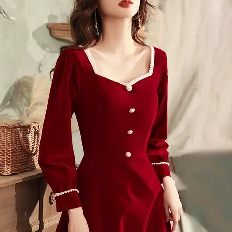 长袖敬酒服新娘2023新款大气冬季结婚红色订婚礼服女平时可穿丝绒图片