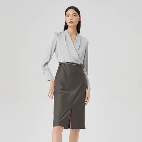 LANCY/俪雅真丝连衣裙女2022春季新款棉羊毛中长款显瘦裙子女图片