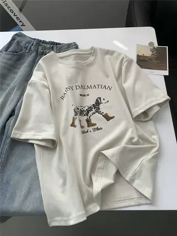 复古卡通印花圆领短袖上衣时髦外穿T恤女夏季新款宽松纯棉质打底图片