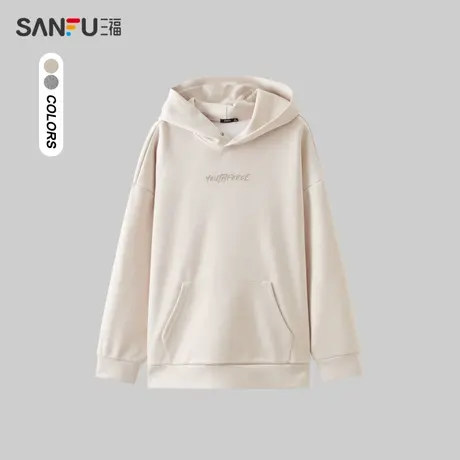 三福2024春季男士麂皮连帽卫衣 休闲韩版英文宽松上衣男482600商品大图