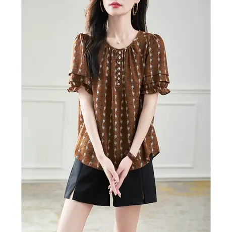 宝诗黎圆领印花灯笼短袖雪纺衫女装2023夏季新款宽松休闲套头衬衣图片