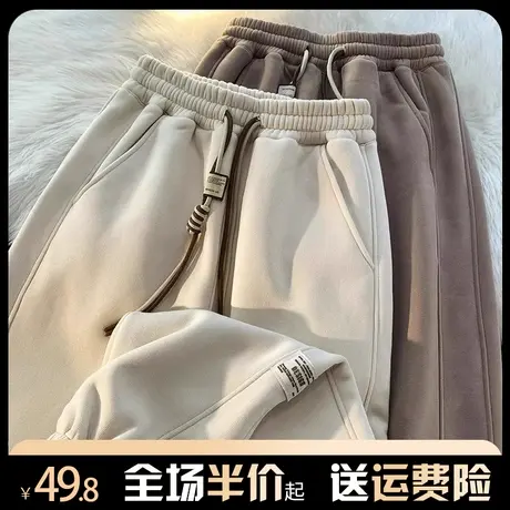 加绒加厚运动卫裤女秋冬小众设计感宽松百搭显瘦直筒裤束脚休闲裤图片