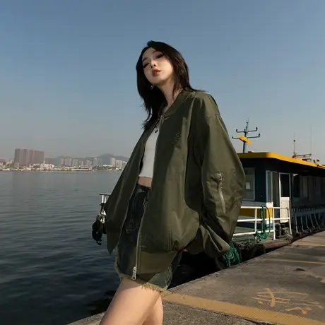 YEP美式复古棒球服外套女春秋2024新款立领飞行夹克宽松情侣上衣图片