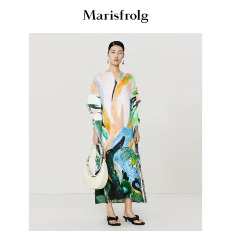 【商场同款】玛丝菲尔2023年夏季新款亚麻廓形流苏斗篷T恤连衣裙图片